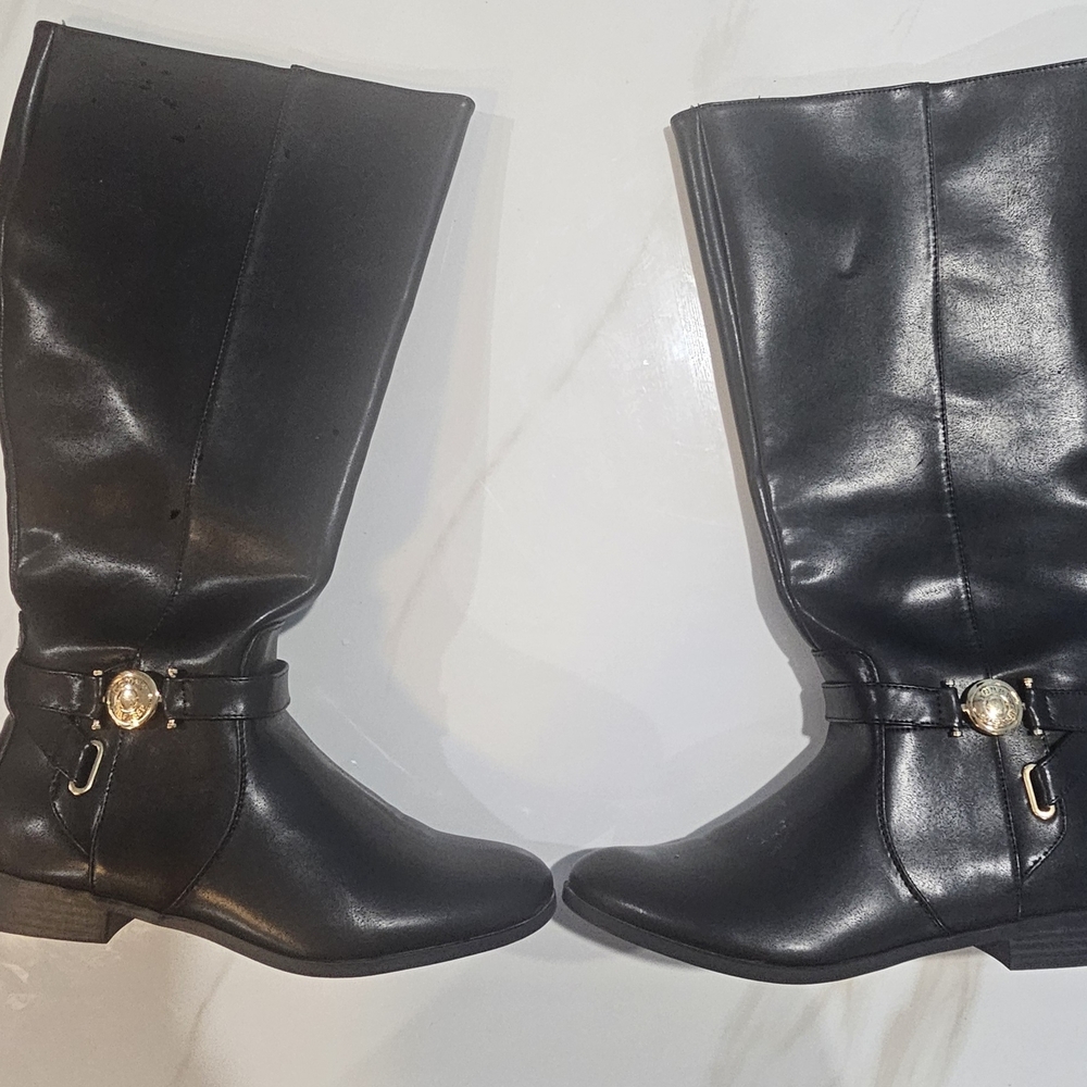 Tommy Hilfiger Black Heeled Boots with Gold Accent
